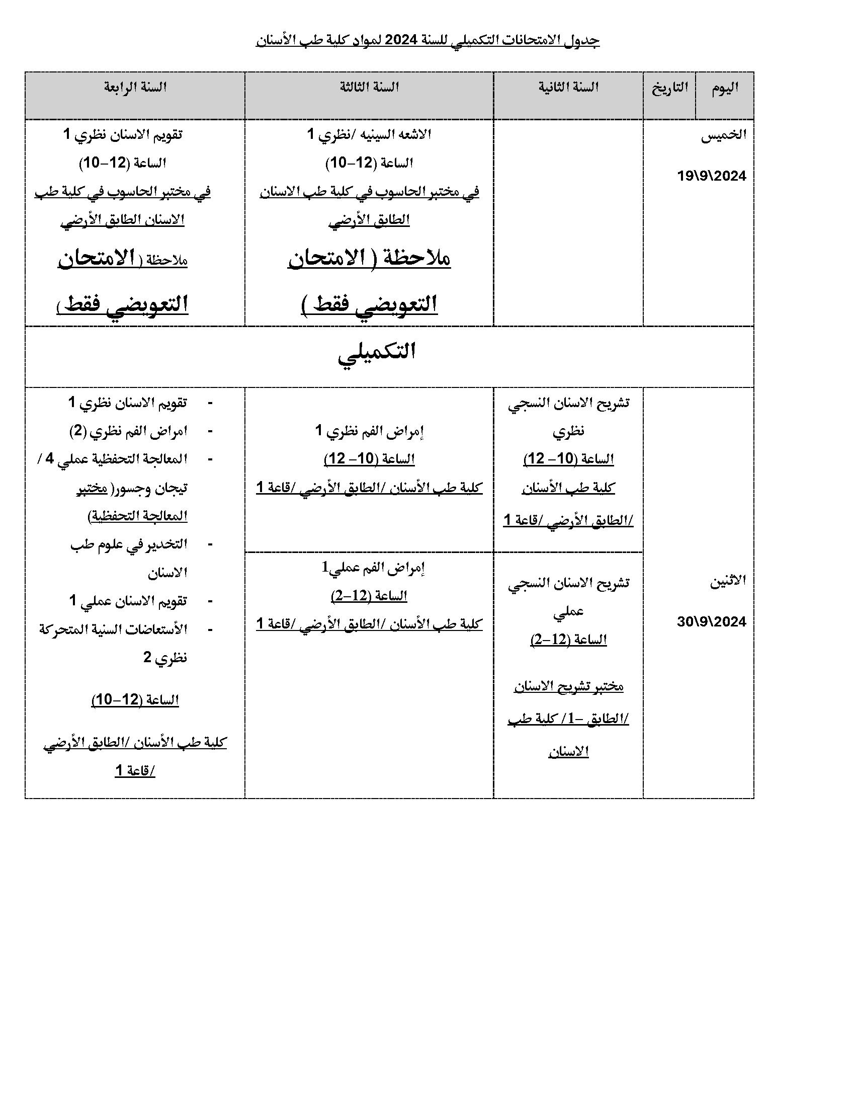 جدول الامتحانات التكميلي للسنة 2024 لمواد كلية طب الأسنان- النهائي-p1.jpg