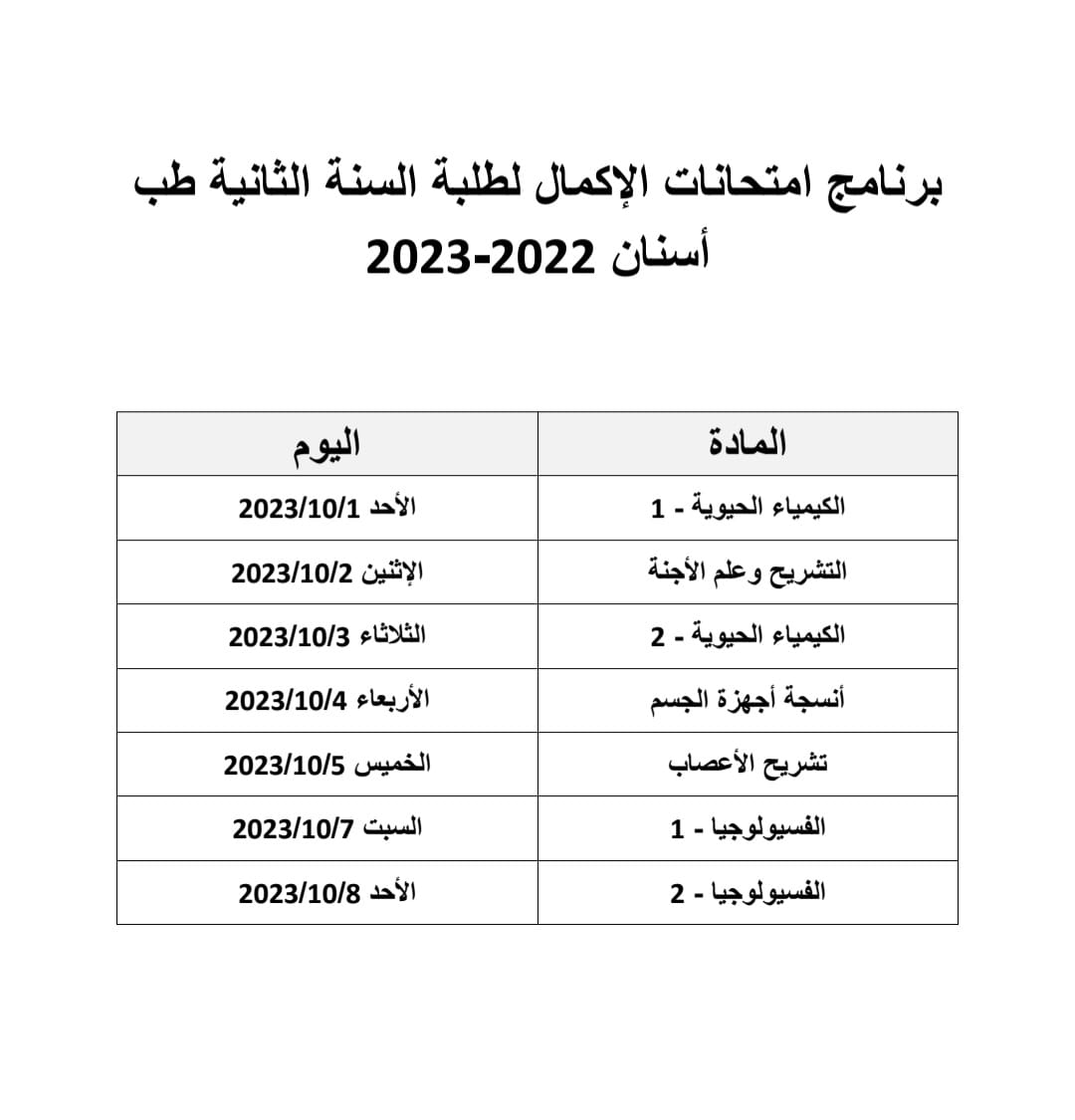 مواعيد امتحانات الاكتمال - كلية الطب - السنة الثانية.jpeg